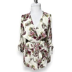 Charming Charlie small floral tie front cape textured top boho asymmetrical bow